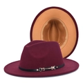 Detail of wide brim fedora hats in burgundy and khaki with black belt and gold buckle - Wine Red & Camel