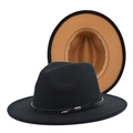 Close-up of black wool fedora featuring khaki underbrim and silver buckle strap - M(56-58cm) / Black & Camel