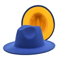 Classic wide-brim wool fedora hat in vibrant royal blue and bright yellow contrast - M (56-58cm) / Royal Blue & Yellow