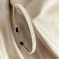 Elegant thin pearl headband with white faux pearls and champagne fabric lining - Cat Ear Pearl