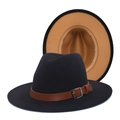 Detail view of black wool fedora featuring brown leather belt buckle and tan interior lining - M (56-58cm) / Black & Camel