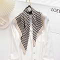 Detail of striped silk scarf in beige and black tied elegantly on a white shirt collar - Striped Square Scarf / 70cm / Beige
