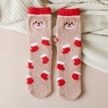 Thick warm coral fleece Christmas socks featuring reindeer embroidery and red boots pattern - One Size / Coffee