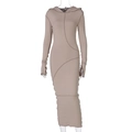 Detail view of khaki long sleeve hooded dress with exposed seams and functional thumbholes - XL / Khaki