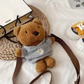 Cute brown plush bear crossbody bag wearing a grey daisy hoodie with adjustable strap - Hoodie Style / Gray Clothes