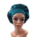 Dark green satin sleeping cap with wide elastic band for hair care and comfort - One Size / Green