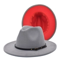 Detail of gray wool fedora with red underside featuring a black leather band and gold buckle - M (56-58cm) / Light Gray & Red