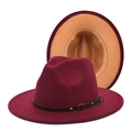 Detail of wool fedora showing red and camel contrast colors with black leather strap - M (56-58cm) / Wine Red & Camel