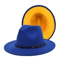 Detail of wool fedora showing royal blue exterior, yellow lining, and black leather belt - M (56-58cm) / Royal Blue & Yellow