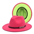 Detail of fuchsia fedora hat with wide brim, black leather band, and neon green underside - M (56-58cm) / Rose Red & Fruit Green