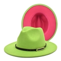 Detail of green and pink fedora hat with black leather strap and metal buckle - M (56-58cm) / Fruit Green & Rose Red