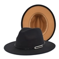 Detail of wool fedora hat with black crown and camel lining including metal buckle leather band - M (56-58cm) / Black & Camel