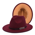 Detail of burgundy fedora hat with black leather belt and camel contrast brim interior - M (56-58cm) / Wine Red & Camel