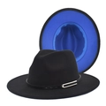 Detail of two-tone wool fedora featuring blue interior and black band with metal buckle - M (56-58cm) / Black+Royal Blue