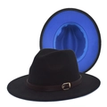 Detail of wool fedora with black exterior and blue interior lining plus brown leather strap - M(56-58cm) / Outer Black Inner Royal Blue Contrast