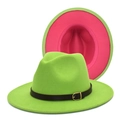 Detail of wool fedora featuring neon green exterior and contrasting rose pink interior - M(56-58cm) / Outer Fruit Green Inner Rose Red Contrast