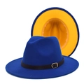 Close-up of dual-color fedora with wool texture, leather band and metal buckle detail - M(56-58cm) / Royal Blue Exterior Orange Interior