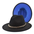 Detail of black wool fedora with gold chain and contrasting royal blue interior lining - M (56-58cm) / Black and Royal Blue Color Block