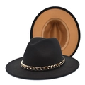 Detail of black wool fedora with gold chain and two-tone khaki interior lining - M (56-58cm) / Black and Camel Contrast