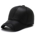 Classic black leather baseball cap for men featuring a textured finish and ear flaps - Adjustable / Black with Embossed Letters
