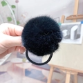 Plush black faux fur ball hair tie with high elastic band for autumn and winter styles - Black