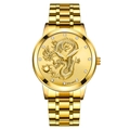Golden quartz watch with dragon relief dial and crystal indices on a metal link strap - Gold Dial Gold Case Gold Strap