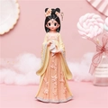 Cute girl figurine in yellow and orange traditional Hanfu with floral relief patterns - 808-1 Large Yellow Dress with Fan