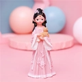 Macro detail of a cute resin girl figure in pink Hanfu holding a golden cat - 808-7 Small Pink Dress with Cat