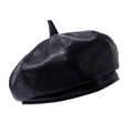 Solid black PU leather beret for women with a trendy top tail detail and retro style - Black