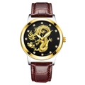Men's quartz watch with gold dragon relief, black dial, and brown leather strap - Black Dial Two-tone Case Brown Strap