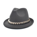 Close-up of black fedora hat with gold metal chain band decoration and wool finish - M (56-58cm) / Dark Gray