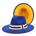 Chapeau fedora bleu en laine avec ruban rayé et doublure intérieure jaune vif - M (56-58cm) / Bleu Royal & Jaune
