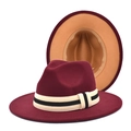 Chapeau fedora bicolore en laine bordeaux et camel avec ruban rayé décoratif - M (56-58cm) / Rouge Vin & Camel