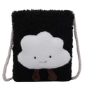 Sac bandoulière mignon en laine d'agneau noire avec applique nuage blanc et bandoulière en corde - Noir