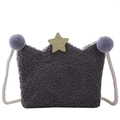 Grey plush crown-shaped kids shoulder bag with golden sequin star and furry pom-poms - Grey Crown Star