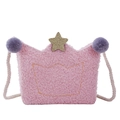 Pink plush crown-shaped crossbody bag for kids with purple pompom and golden star - Pink Crown Star