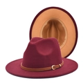 Detail of burgundy fedora with camel interior and brown leather band with gold buckle - M (56-58cm) / Wine Red & Camel
