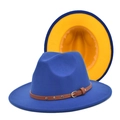 Detail view of royal blue fedora with yellow brim lining and brown leather studded band - Royal Blue and Yellow