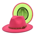 Detail of rose red fedora hat with neon green lining and brown leather buckle strap - Rose Red and Fruit Green