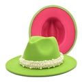 Detail of neon green wool fedora featuring luxury pearl band and pink contrast lining - M (56-58cm) / Fruit Green & Rose Red