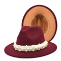 Detailed close-up of burgundy wool fedora featuring white pearl trim and contrast tan interior - M (56-58cm) / Wine Red & Camel