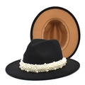 Detail of elegant pearl bead embellishment on black wool fedora hat with wide brim - M (56-58cm) / Black & Camel