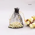 Black organza jewelry pouch with gold star moon prints and decorative pearls - 7*9cm / Black