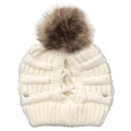 Detail of white knit beanie featuring crisscross ponytail hole and rose buttons - One Size / White