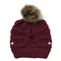Women's wine red knit beanie with faux fur pompom and cross-stitch pattern - One Size / Burgundy