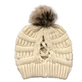 Detail of beige knit beanie featuring a faux fur pompom and ponytail cutout design - One Size / Beige