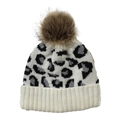 Close-up of leopard print knit beanie with fuzzy faux fur pompom and ribbed cuff - Adjustable / White