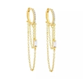 Detail view of gold hoop earrings with chain tassels and rectangular cubic zirconia - Gold (White Zirconia)