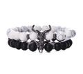 Men's beaded bracelet set featuring white turquoise and matte black stone with bull charms - Bull Head Black & White Set (Ram Head Set)