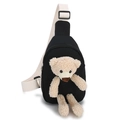 Kids black canvas chest bag featuring a 3D beige plush bear and white strap - Black Bear